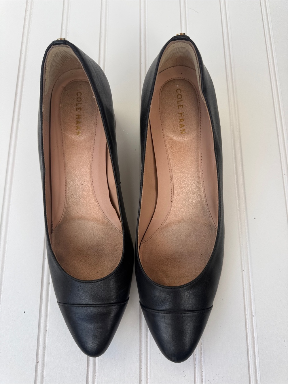 Cole Haan Black Leather Pointed Pumps with Subtle Cap Toe